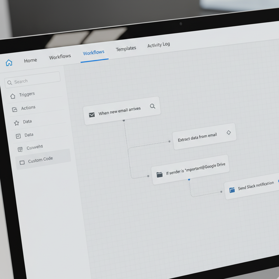 Interface van een automatiseringstool op een laptopscherm met een workflow voor e-mailverwerking en Slack-notificaties.