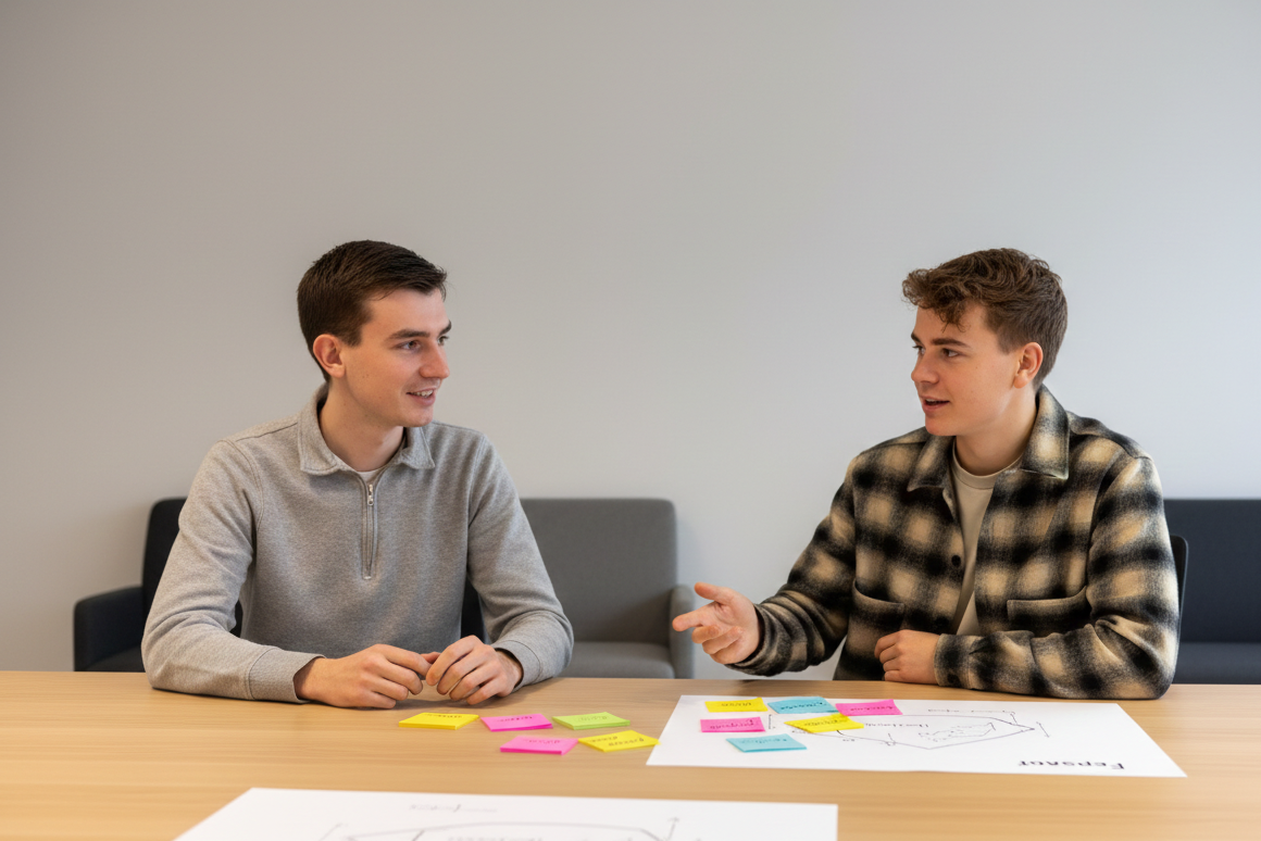 AI Consultancy Twee specialisten van Artifation voeren een brainstormsessie aan een tafel met kleurrijke post-its en een procesontwerp op papier.