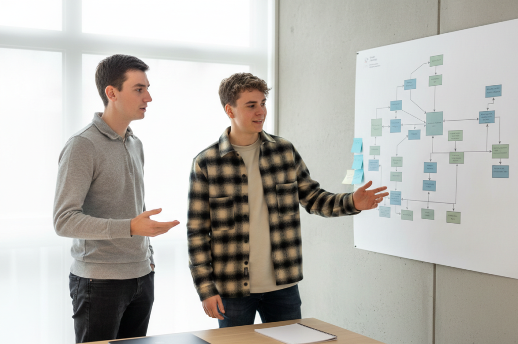 Specialisten van Artifation leggen een complexe proces-flowchart uit op een whiteboard voor digitale transformatie.