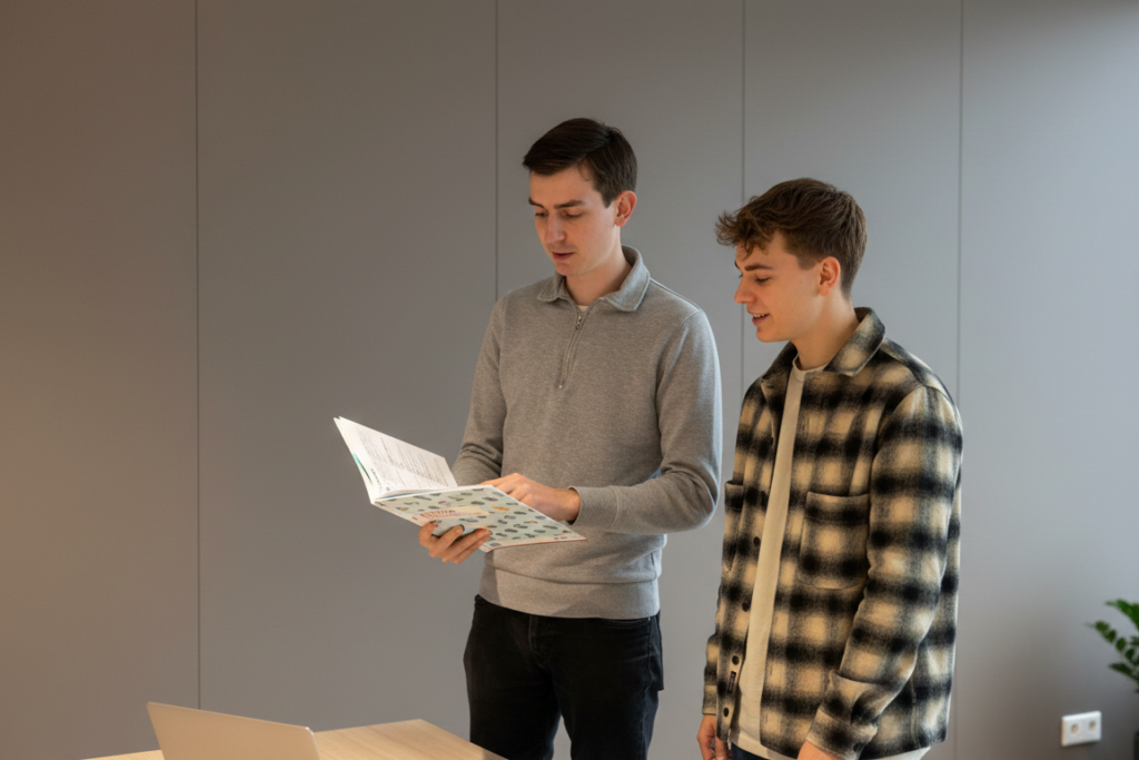 Het team van Artifation bestudeert gezamenlijk een geprinte brochure of documentatie in een kantooromgeving.