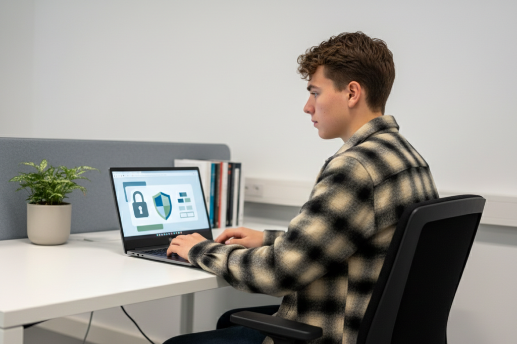 Een man werkt op een laptop waarop iconen van een slot en een schild te zien zijn, wat de beveiliging en bescherming van gegevens symboliseert.