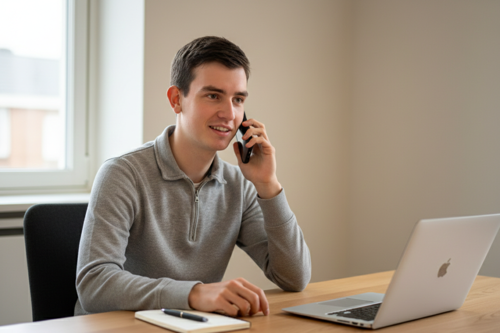 Een medewerker van Artifation voert een telefoongesprek achter een laptop, representatief voor de klantenservice en ondersteuning.