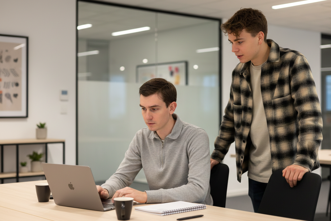 AI Consultancy Twee experts van Artifation werken zij aan zij aan een laptop in een kantooromgeving om een digitale workflow te finetunen.