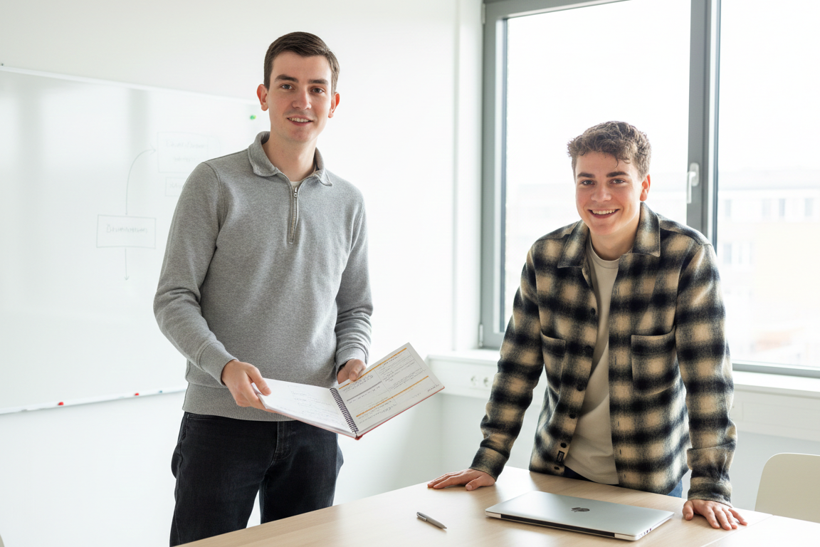 AI Consultancy Twee specialisten van Artifation overleggen bij een whiteboard met een notitieblok, gericht op het plannen van digitale strategieën.