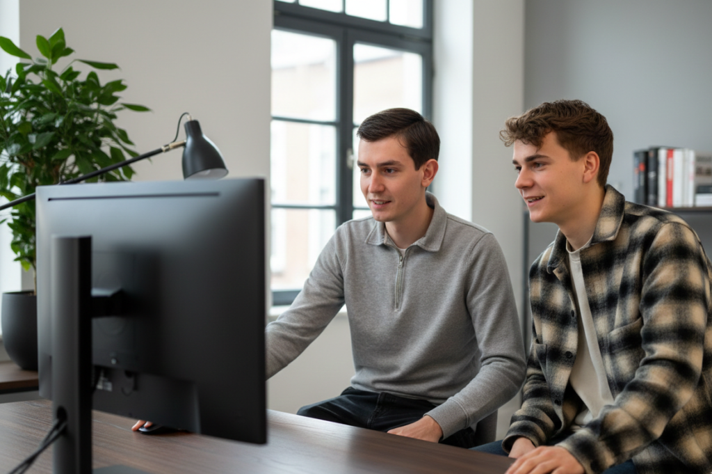 Twee specialisten van Artifation bekijken samen een computerscherm om een digitale oplossing te optimaliseren.