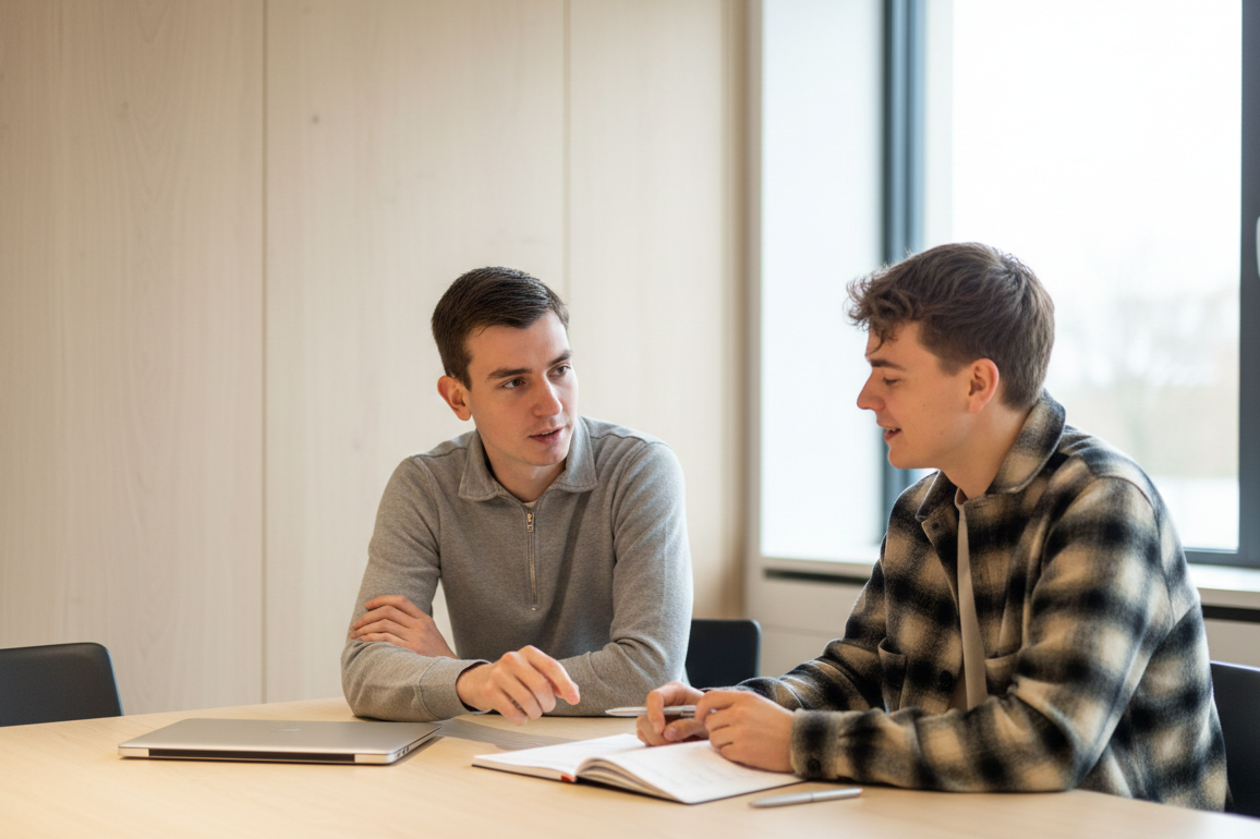 AI Consultancy Twee experts van Artifation in een informele setting aan een tafel, gericht op strategisch overleg en samenwerking.