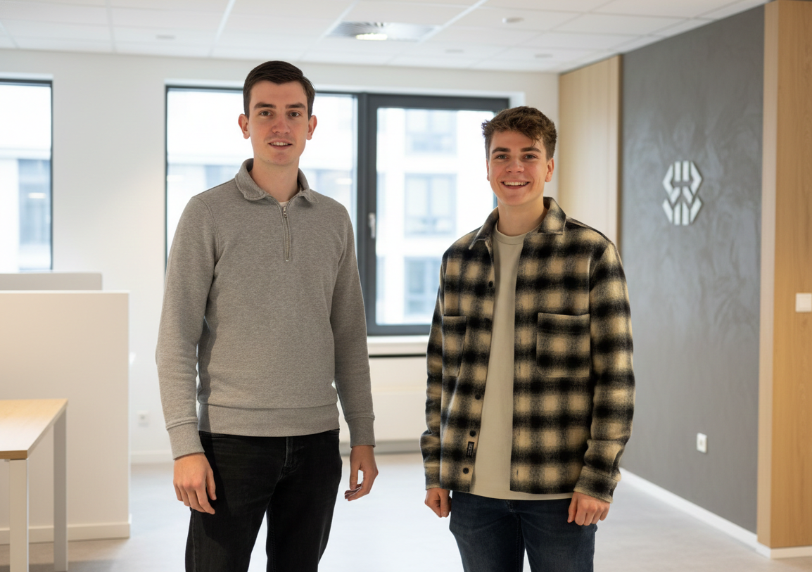 Twee jonge ondernemers van Artifation poserend in een modern kantoorpand voor de over ons pagina.