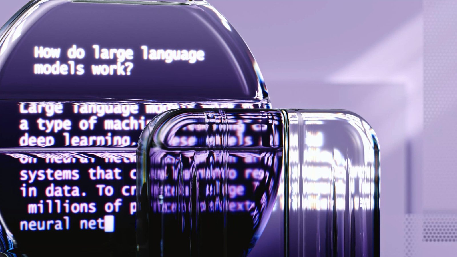 Een artistieke close-up van een glazen object waarin de tekst "How do large language models work?" zichtbaar is. De tekst eronder legt uit dat LLM's een type machine learning en deep learning zijn gebaseerd op neurale netwerken. Het glas zorgt voor een lichte vervorming en reflectie tegen een zachtpaarse achtergrond, wat de complexiteit en gelaagdheid van AI-technologie symboliseert.
