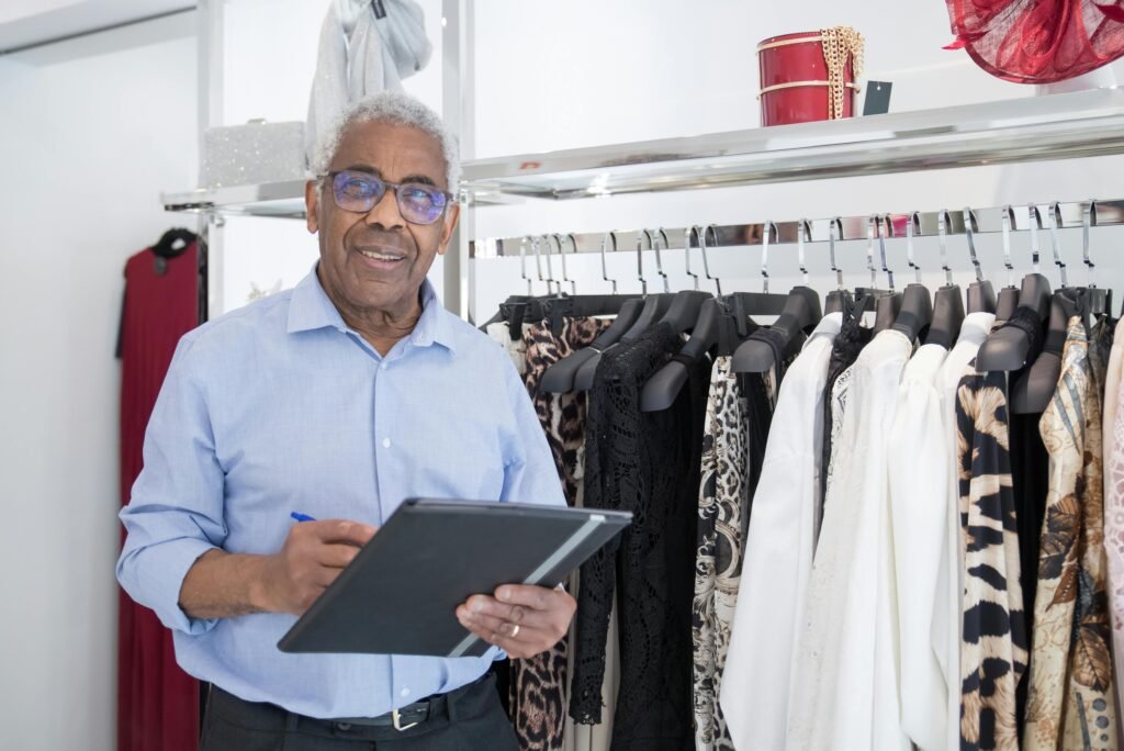 Een glimlachende oudere man in een blauw overhemd staat in een kledingwinkel en maakt aantekeningen op een tablet voor een rek met dameskleding.